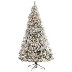 10' Flocked White River Mountain Pine Christmas Tree With Pinecones And 800 Clear LED Lights