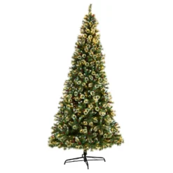 10’ Frosted Swiss Pine Artificial Christmas Tree With 850 Clear LED Lights And Berries