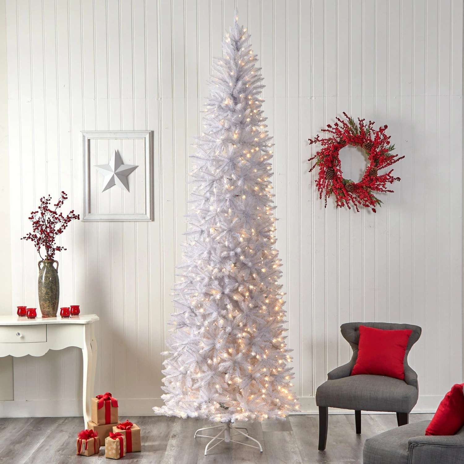 10’ Slim White Artificial Christmas Tree With 800 Warm White LED Lights And 2420 Bendable Branches 7 10’ Slim White Artificial Christmas Tree With 800 Warm White LED Lights And 2420 Bendable Branches - Image 7