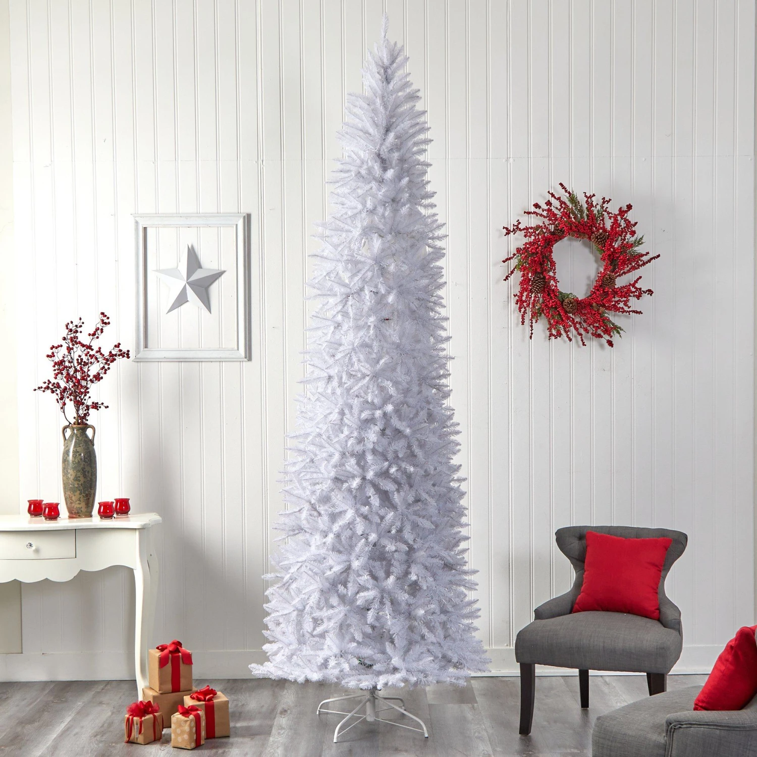 10’ Slim White Artificial Christmas Tree With 800 Warm White LED Lights And 2420 Bendable Branches 8 10’ Slim White Artificial Christmas Tree With 800 Warm White LED Lights And 2420 Bendable Branches - Image 8
