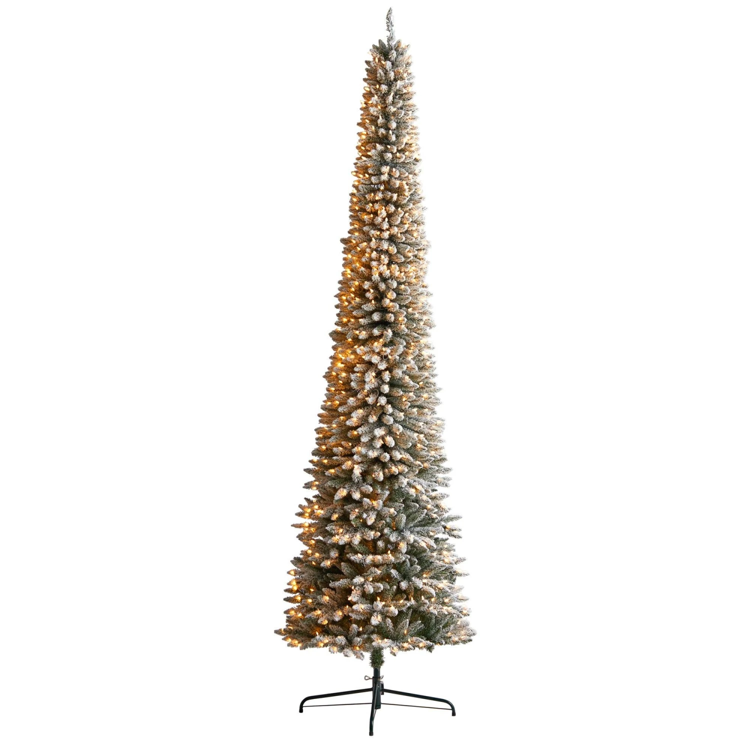 11’ Flocked Pencil Artificial Christmas Tree With 850 Clear Lights And 1435 Bendable Branches 1 11’ Flocked Pencil Artificial Christmas Tree With 850 Clear Lights And 1435 Bendable Branches
