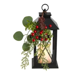 12" Holiday Berries And Greenery Metal Lantern Table Christmas Arrangement With LED Candle Included"