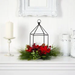 14” Christmas Poinsettia, Berry And Pinecone Metal Candle Holder Christmas Table Arrangement -Cheap Artificial Trees Store artificial 14 christmas poinsettia berry and pinecone metal candle holder christmas table arrangement nearly natural 468470