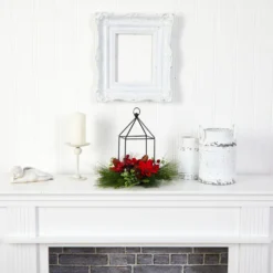 14” Christmas Poinsettia, Berry And Pinecone Metal Candle Holder Christmas Table Arrangement -Cheap Artificial Trees Store artificial 14 christmas poinsettia berry and pinecone metal candle holder christmas table arrangement nearly natural 673440