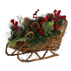 18” Christmas Sleigh With Pine, Pinecones And Berries Artificial Christmas Arrangement