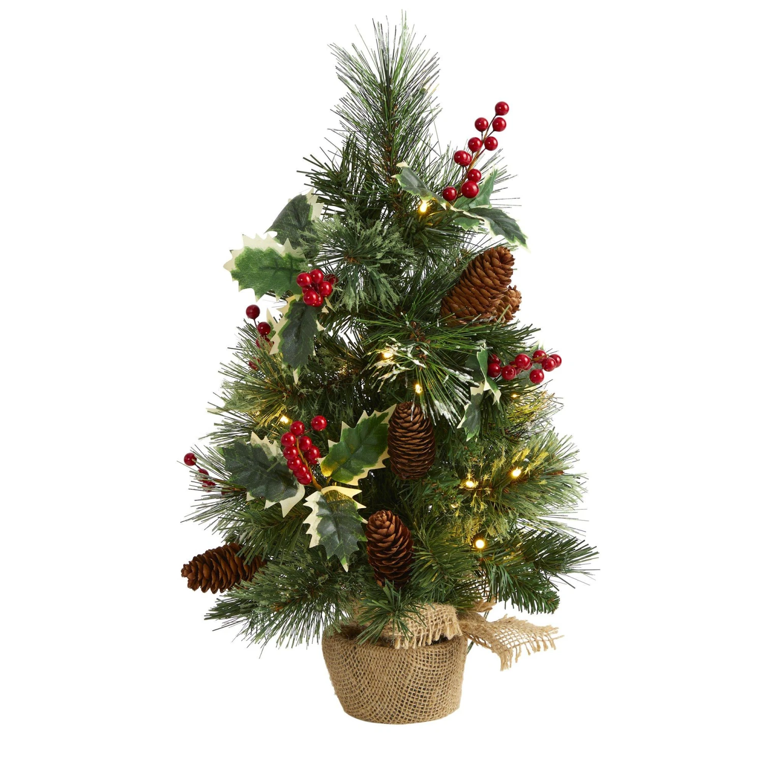 18” Mixed Pine Artificial Christmas Tree With Holly Berries, Pinecones, 35 Clear LED Lights And Burlap Base 1 18” Mixed Pine Artificial Christmas Tree With Holly Berries, Pinecones, 35 Clear LED Lights And Burlap Base