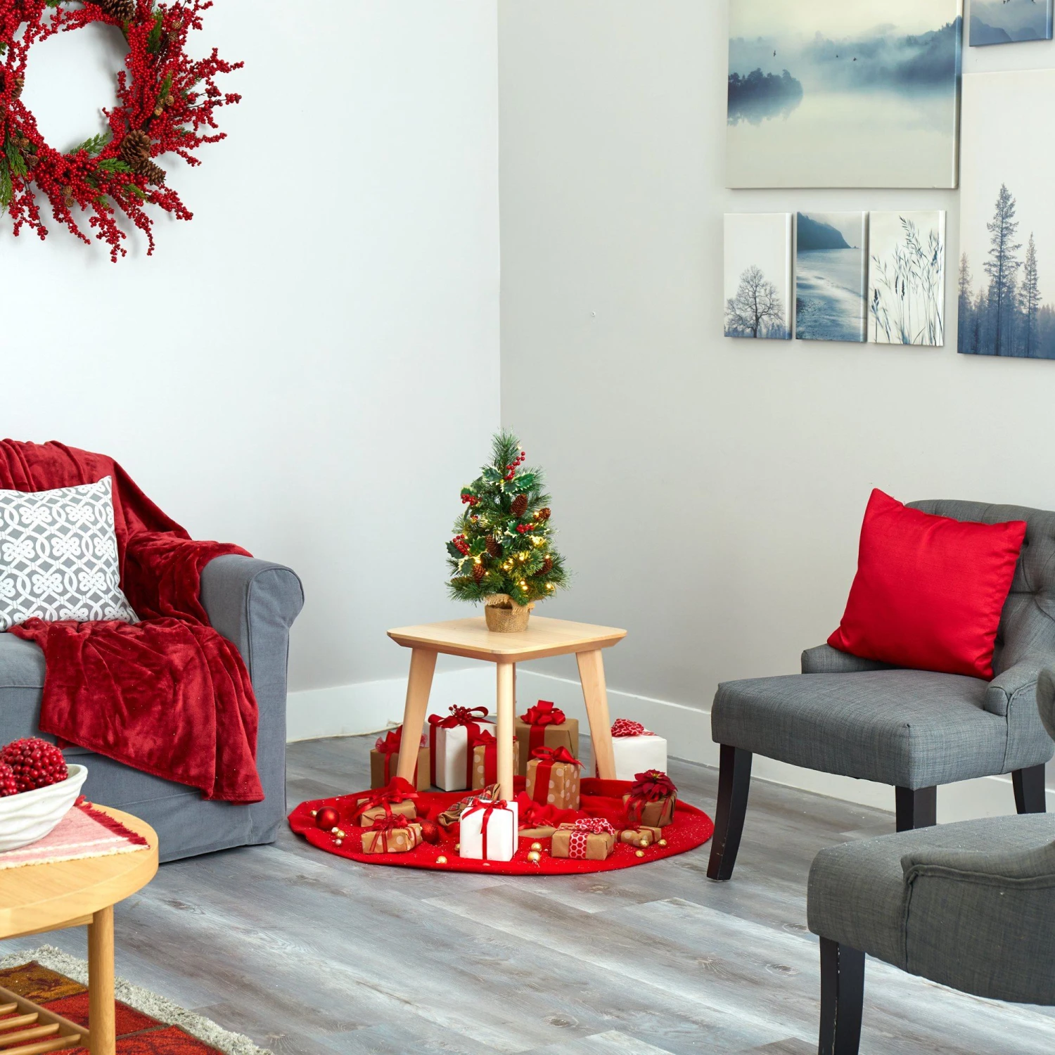 18” Mixed Pine Artificial Christmas Tree With Holly Berries, Pinecones, 35 Clear LED Lights And Burlap Base 8 18” Mixed Pine Artificial Christmas Tree With Holly Berries, Pinecones, 35 Clear LED Lights And Burlap Base - Image 8