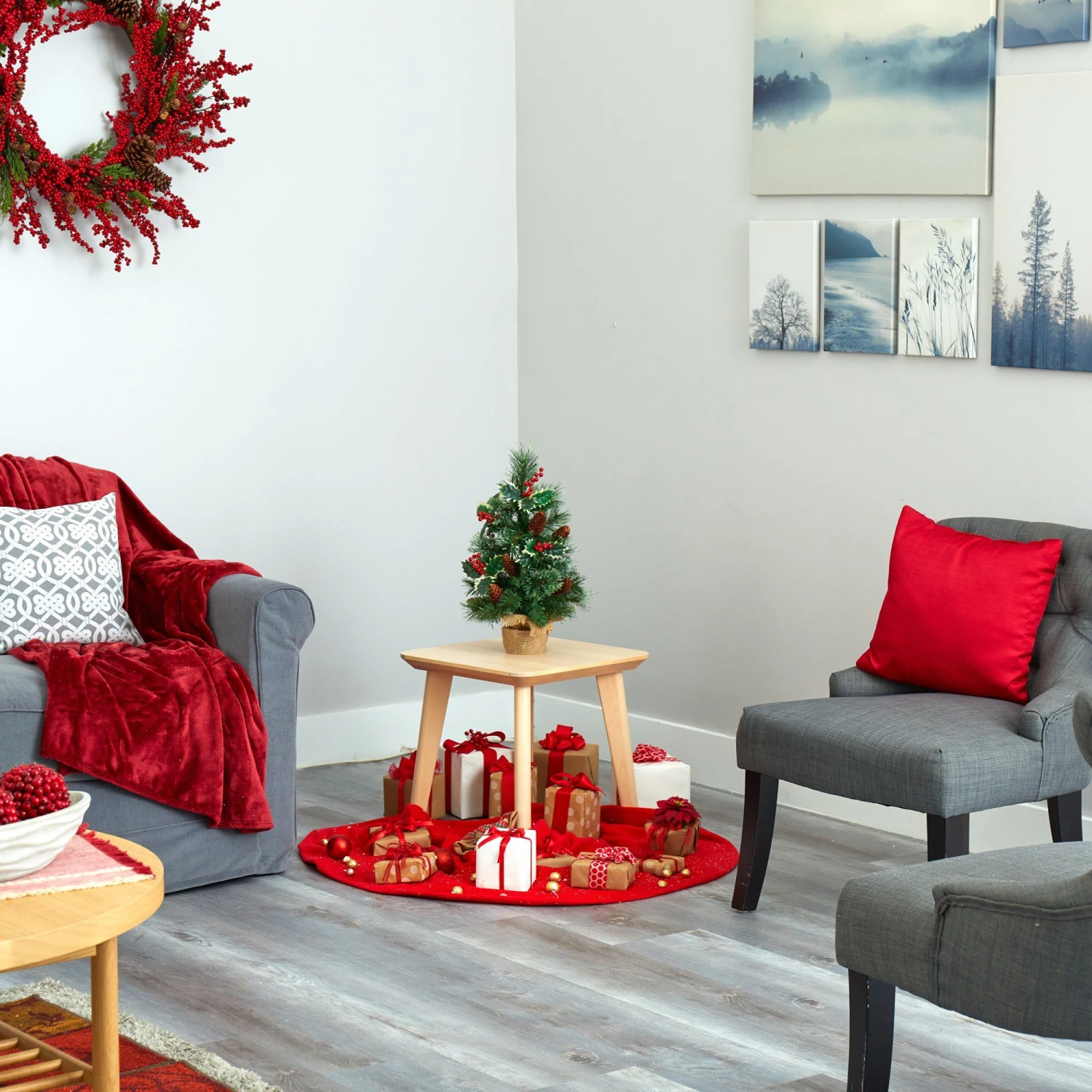 18” Mixed Pine Artificial Christmas Tree With Holly Berries, Pinecones, 35 Clear LED Lights And Burlap Base 7 18” Mixed Pine Artificial Christmas Tree With Holly Berries, Pinecones, 35 Clear LED Lights And Burlap Base - Image 7