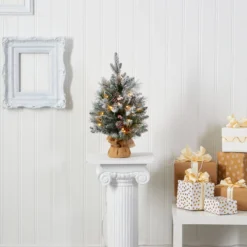 2' Flocked Artificial Christmas Tree With 30 Clear Lights, 73 Bendable Branches, Pine Cones And Berries -Cheap Artificial Trees Store artificial 2 flocked artificial christmas tree with 30 clear lights 73 bendable branches pine cones and berries nearly natural 305114