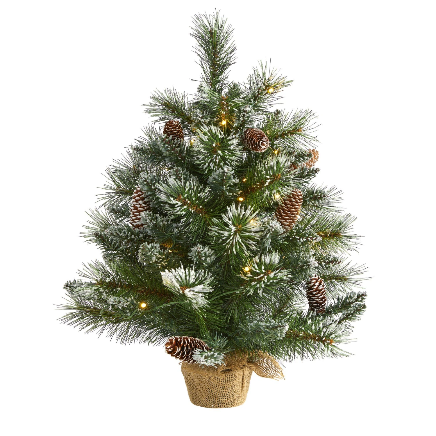2’ Frosted Pine Artificial Christmas Tree With 35 Clear LED Lights, Pinecones And Burlap Base 1 2’ Frosted Pine Artificial Christmas Tree With 35 Clear LED Lights, Pinecones And Burlap Base