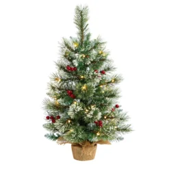 2’ Snow Tipped Pine And Berry Artificial Christmas Tree With 35 Warm White LED Lights In Burlap Base
