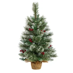 2’ Snow Tipped Pine And Berry Artificial Christmas Tree With 35 Warm White LED Lights In Burlap Base -Cheap Artificial Trees Store artificial 2 snow tipped pine and berry artificial christmas tree with 35 warm white led lights in burlap base nearly natural 411828