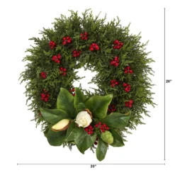 20” Cedar, Berries And Magnolia Artificial Christmas Wreath -Cheap Artificial Trees Store artificial 20 cedar berries and magnolia artificial christmas wreath nearly natural 110166