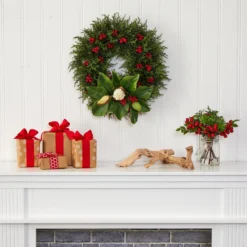 20” Cedar, Berries And Magnolia Artificial Christmas Wreath -Cheap Artificial Trees Store artificial 20 cedar berries and magnolia artificial christmas wreath nearly natural 478108