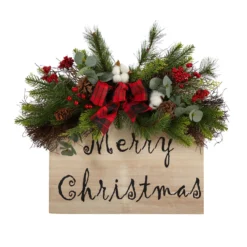 20” Holiday Merry Christmas Door Wall Hanger With Pinecones And Berries Gingham Plaid Bow