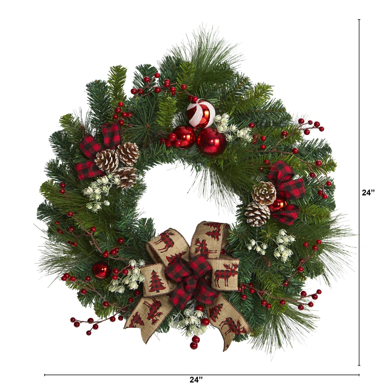 24” Christmas Pine Artificial Wreath With Pine Cones And Ornaments 3 24” Christmas Pine Artificial Wreath With Pine Cones And Ornaments - Image 3