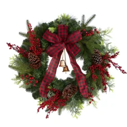 24” Decorated Christmas Artificial Wreath With Bow And 130 Bendable Branches