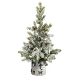 24” Flocked Artificial Christmas Tree In Decorative Birch Bark Planter -Cheap Artificial Trees Store artificial 24 flocked christmas artificial tree in decorative birch bark planter with 30 led lights nearly natural 596455