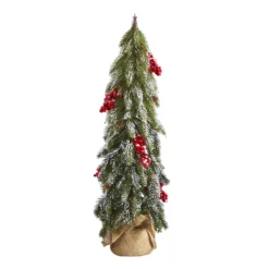24” Flocked Artificial Christmas Tree With Berries And Pine Cones