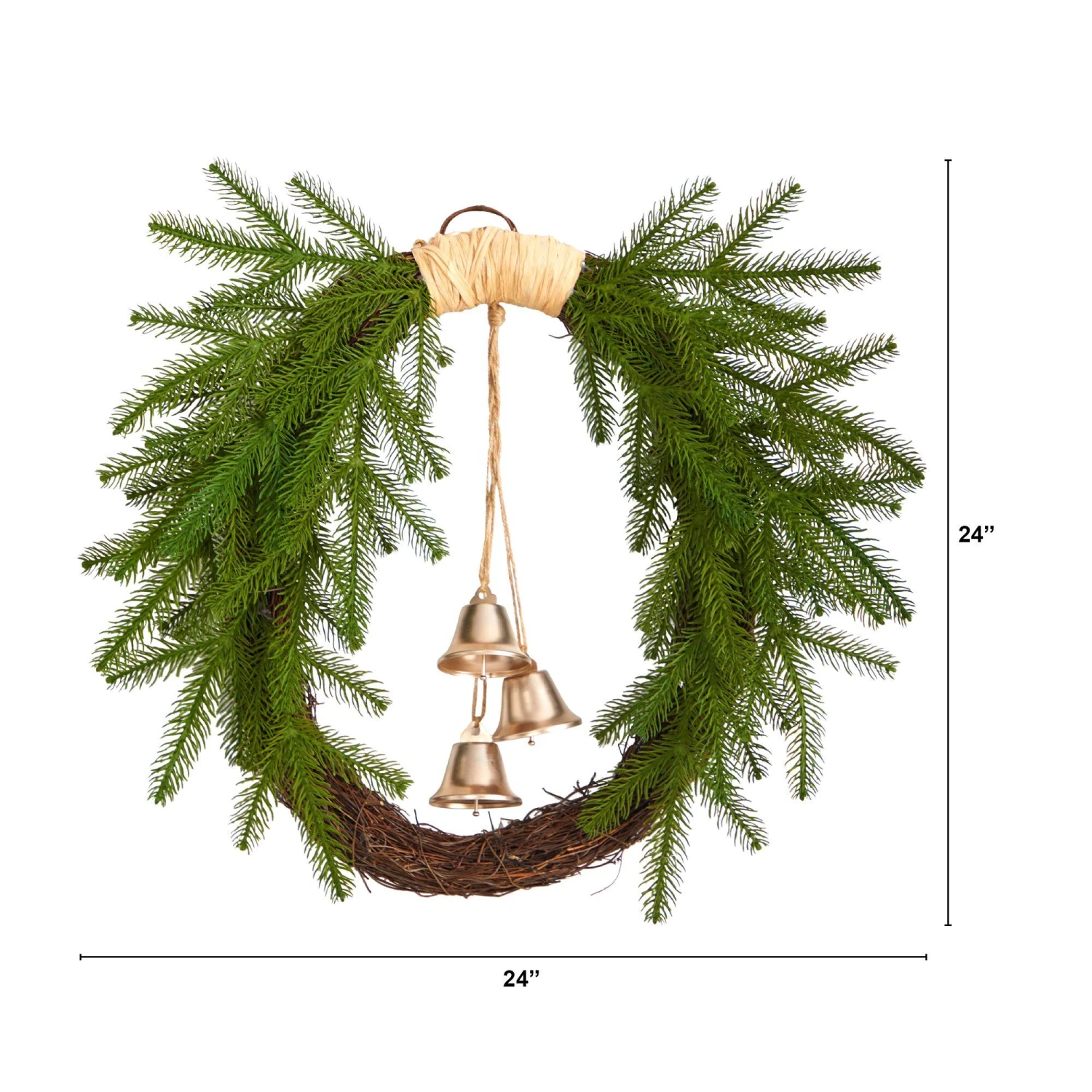 24” Holiday Christmas Pine And Bells Wreath 2 24” Holiday Christmas Pine And Bells Wreath - Image 2