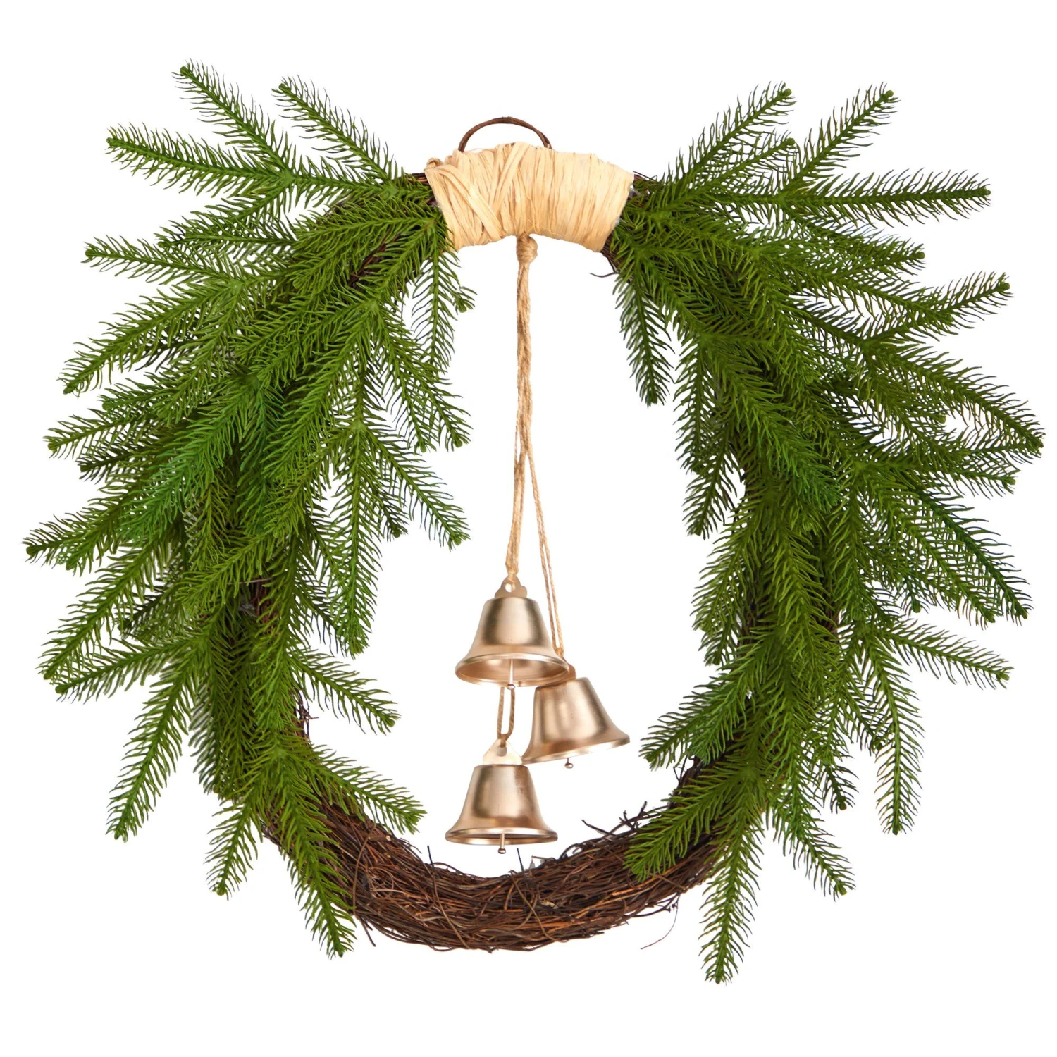 24” Holiday Christmas Pine And Bells Wreath 1 24” Holiday Christmas Pine And Bells Wreath