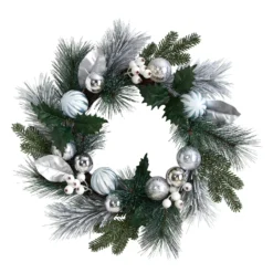Cheap Artificial Trees Store 38 24” Pinecones And Berries Christmas Artificial Wreath With Silver Ornaments