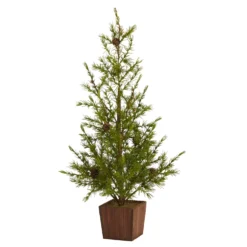28” Alpine “Natural Look” Artificial Christmas Tree In Wood Planter With Pine Cones