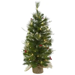 3' Christmas Tree W/Clear Lights Berries & Burlap Bag