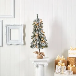 3’ Flocked Alpine Artificial Christmas Tree With 50 Lights, 177 Bendable Branches And A Burlap Planter -Cheap Artificial Trees Store artificial 3 flocked alpine christmas artificial tree with 50 lights 177 bendable branches and a burlap planter nearly natural 762507