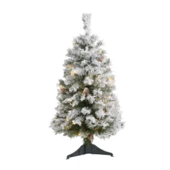 3' Flocked White River Mountain Pine Artificial Christmas Tree With Pinecones And 50 Clear LED Lights
