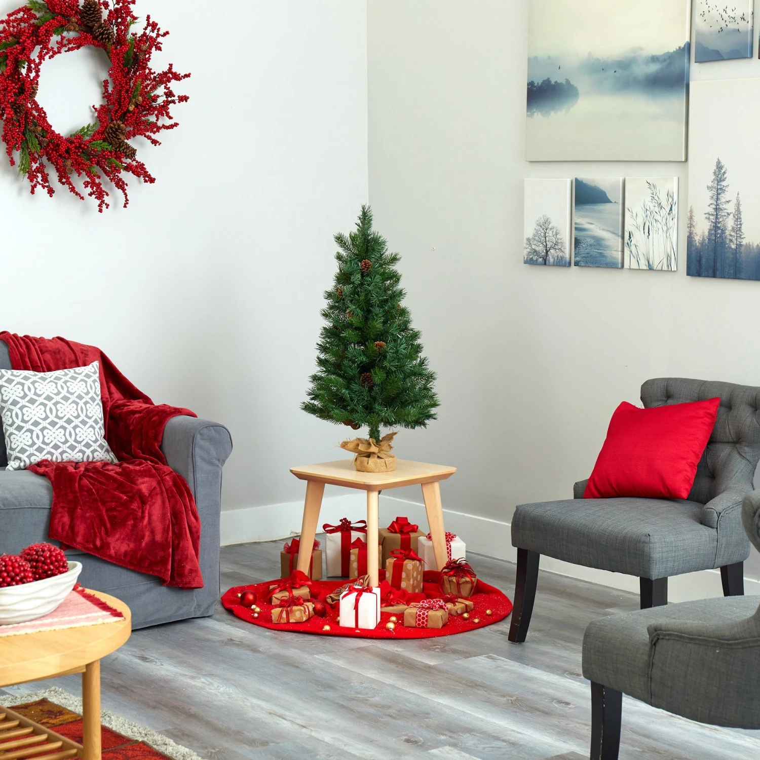 3’ Fraser Fir “Natural Look” Artificial Christmas Tree With 50 Clear LED Lights, Pinecones, A Burlap Base And 90 Bendable Branches 5 3’ Fraser Fir “Natural Look” Artificial Christmas Tree With 50 Clear LED Lights, Pinecones, A Burlap Base And 90 Bendable Branches - Image 5