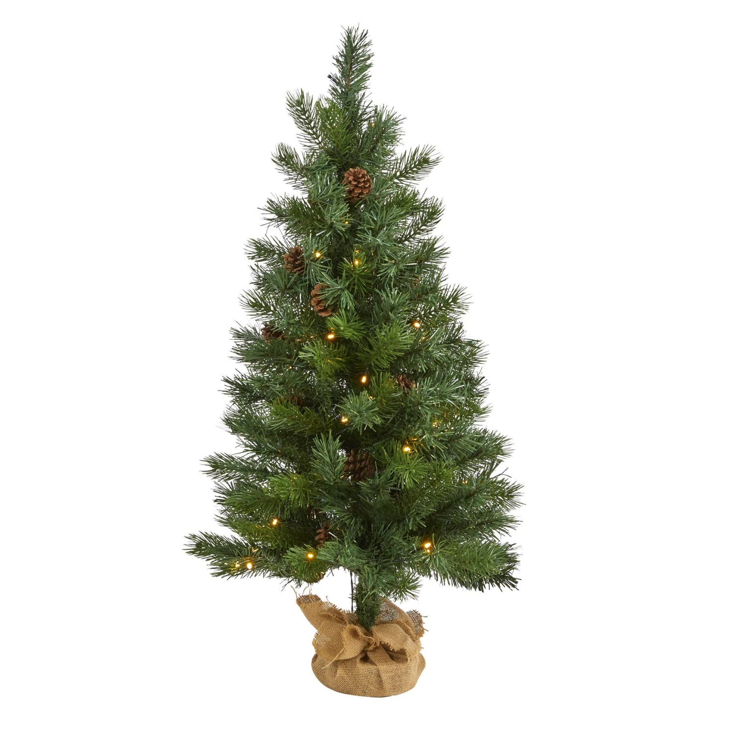 3’ Fraser Fir “Natural Look” Artificial Christmas Tree With 50 Clear LED Lights, Pinecones, A Burlap Base And 90 Bendable Branches 1 3’ Fraser Fir “Natural Look” Artificial Christmas Tree With 50 Clear LED Lights, Pinecones, A Burlap Base And 90 Bendable Branches
