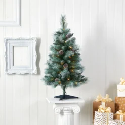 3’ Frosted Tip British Columbia Mountain Pine Artificial Christmas Tree With 50 Clear Lights, Pine Cones And 112 Bendable Branches -Cheap Artificial Trees Store artificial 3 frosted tip british columbia mountain pine artificial christmas tree with 50 clear lights pine cones and 112 bendable branches nearly natural 812447