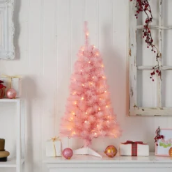 3’ Pink Artificial Christmas Tree With 50 LED Lights And 118 Bendable Branches -Cheap Artificial Trees Store artificial 3 pink artificial christmas tree with 50 led lights and 118 bendable branches nearly natural 250138