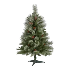 3’ Snowed French Alps Mountain Pine Artificial Christmas Tree With 135 Bendable Branches And Pine Cones
