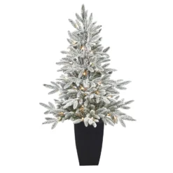 3.5’ Flocked Manchester Spruce Artificial Christmas Tree With 50 Lights And 133 Bendable Branches In Metal Planter