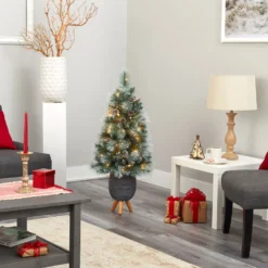 3.5’ Frosted Tip British Columbia Mountain Pine Artificial Christmas Tree -Cheap Artificial Trees Store artificial 35 frosted tip british columbia mountain pine artificial christmas tree with 50 clear lights pine cones and 112 bendable branches in metal planter in gray plan 166460