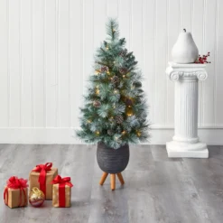 3.5’ Frosted Tip British Columbia Mountain Pine Artificial Christmas Tree -Cheap Artificial Trees Store artificial 35 frosted tip british columbia mountain pine artificial christmas tree with 50 clear lights pine cones and 112 bendable branches in metal planter in gray plan 527125