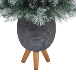 3.5’ Frosted Tip British Columbia Mountain Pine Artificial Christmas Tree -Cheap Artificial Trees Store artificial 35 frosted tip british columbia mountain pine artificial christmas tree with 50 clear lights pine cones and 112 bendable branches in metal planter in gray plan 621077