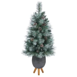 3.5’ Frosted Tip British Columbia Mountain Pine Artificial Christmas Tree -Cheap Artificial Trees Store artificial 35 frosted tip british columbia mountain pine artificial christmas tree with 50 clear lights pine cones and 112 bendable branches in metal planter in gray plan 999425