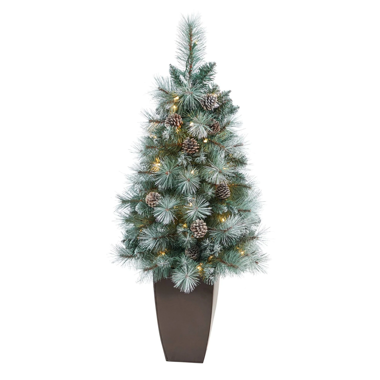 3.5’ Frosted Tip British Columbia Mountain Pine Artificial Christmas Tree With 50 Clear Lights, Pine Cones And 112 Bendable Branches In Metal Planter 1 3.5’ Frosted Tip British Columbia Mountain Pine Artificial Christmas Tree With 50 Clear Lights, Pine Cones And 112 Bendable Branches In Metal Planter