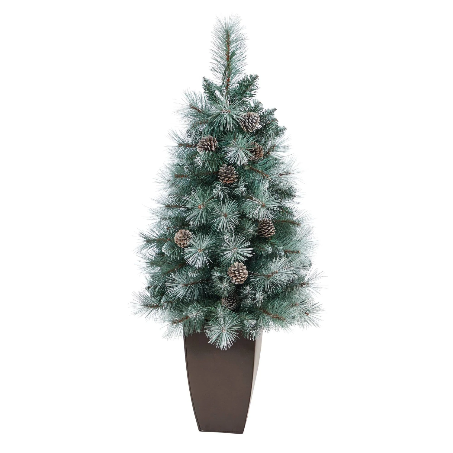 3.5’ Frosted Tip British Columbia Mountain Pine Artificial Christmas Tree With 50 Clear Lights, Pine Cones And 112 Bendable Branches In Metal Planter 3 3.5’ Frosted Tip British Columbia Mountain Pine Artificial Christmas Tree With 50 Clear Lights, Pine Cones And 112 Bendable Branches In Metal Planter - Image 3