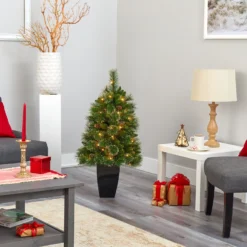 3.5’ Golden Tip Washington Pine Artificial Christmas Tree With 50 Clear Lights, Pine Cones And 148 Bendable Branches In Black Metal Planter -Cheap Artificial Trees Store artificial 35 golden tip washington pine artificial christmas tree with 50 clear lights pine cones and 148 bendable branches in black metal planter nearly natural 274937