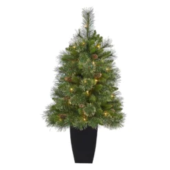 3.5’ Golden Tip Washington Pine Artificial Christmas Tree With 50 Clear Lights, Pine Cones And 148 Bendable Branches In Black Metal Planter
