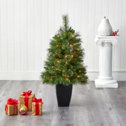 3.5’ Golden Tip Washington Pine Artificial Christmas Tree With 50 Clear Lights, Pine Cones And 148 Bendable Branches In Black Metal Planter -Cheap Artificial Trees Store artificial 35 golden tip washington pine artificial christmas tree with 50 clear lights pine cones and 148 bendable branches in black metal planter nearly natural 620316