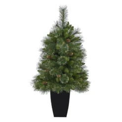 3.5’ Golden Tip Washington Pine Artificial Christmas Tree With 50 Clear Lights, Pine Cones And 148 Bendable Branches In Black Metal Planter -Cheap Artificial Trees Store artificial 35 golden tip washington pine artificial christmas tree with 50 clear lights pine cones and 148 bendable branches in black metal planter nearly natural 989774