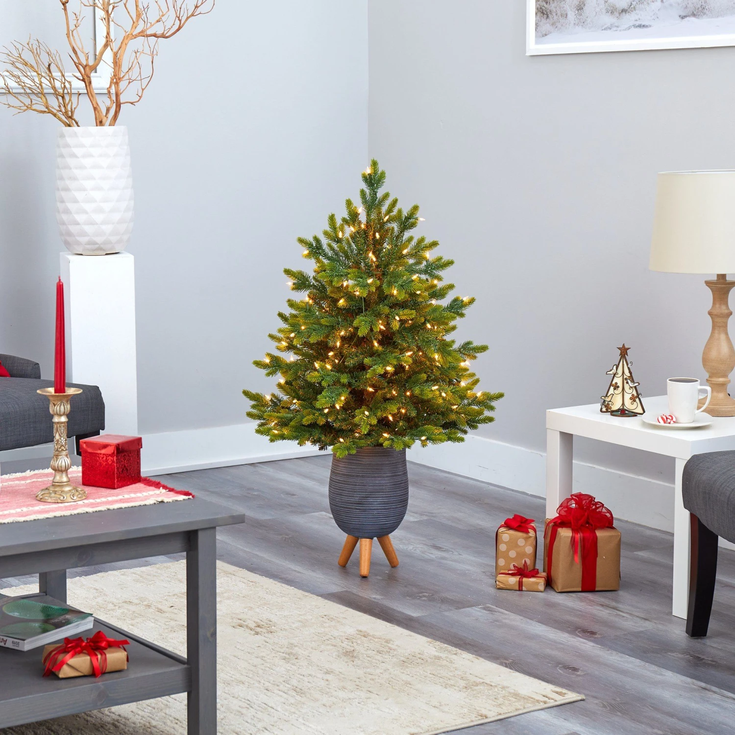 3.5’ North Carolina Fir Artificial Christmas Tree With 150 Clear Lights And 563 Bendable Branches In Gray Planter With Stand 8 3.5’ North Carolina Fir Artificial Christmas Tree With 150 Clear Lights And 563 Bendable Branches In Gray Planter With Stand - Image 8