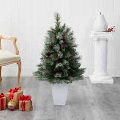 3.5’ Snowed French Alps Mountain Pine Artificial Christmas Tree With 135 Bendable Branches And Pine Cones In White Metal Planter -Cheap Artificial Trees Store artificial 35 snowed french alps mountain pine artificial christmas tree with 135 bendable branches and pine cones in white metal planter nearly natural 262195