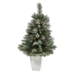 3.5’ Snowed French Alps Mountain Pine Artificial Christmas Tree With 135 Bendable Branches And Pine Cones In White Metal Planter