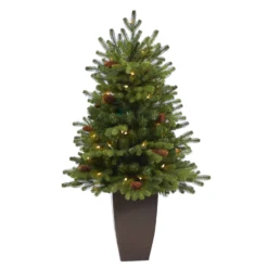 3.5’ Yukon Mountain Fir Artificial Christmas Tree With 50 Clear Lights And Pine Cones In Bronze Metal Planter